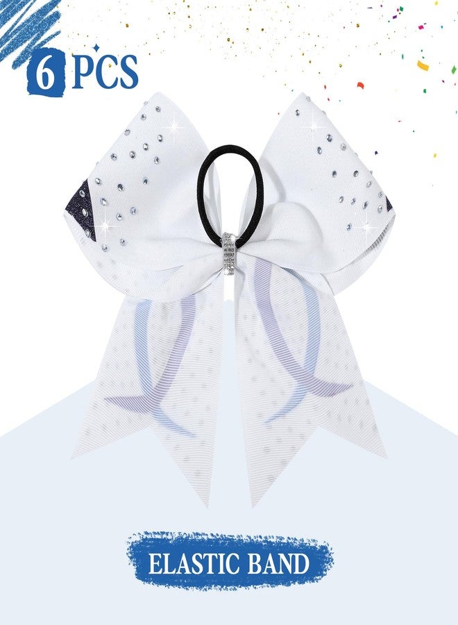 CEELGON 6PCS Full Glitter Rhinestone Cheer Bows Criss Cross Stiff Competition Large Cheerleading Hair Bows Elastic Band for Cheerleaders Girls -White/Blue/Navy - Image 2